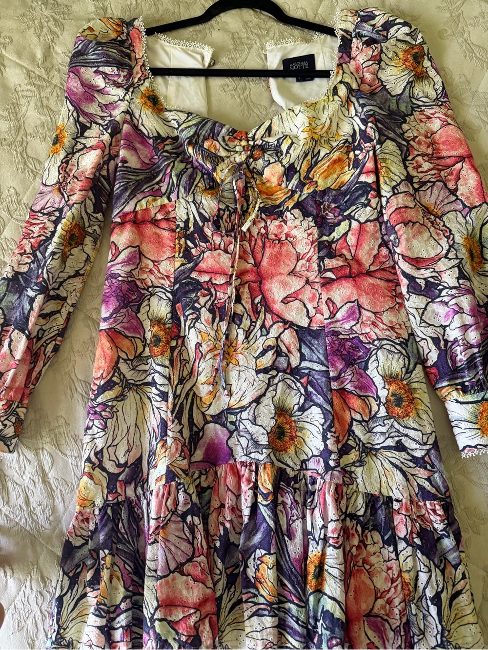 Worn Once Marchesa Floral Puff-Sleeve Casual Dress in Pink, Purple & Cream